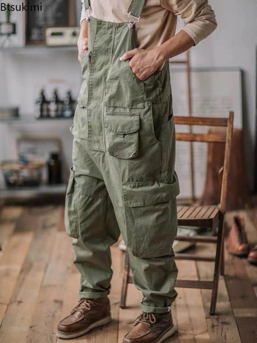 2026 Men's Retro Cotton Relaxed Fit Cargo Pants Romper Fashion Workwear Loose Jumpsuit with Pockets Male Vintage Bib Overalls