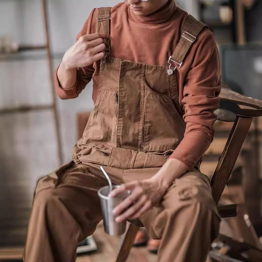 2026 Men's Retro Cotton Relaxed Fit Cargo Pants Romper Fashion Workwear Loose Jumpsuit with Pockets Male Vintage Bib Overalls