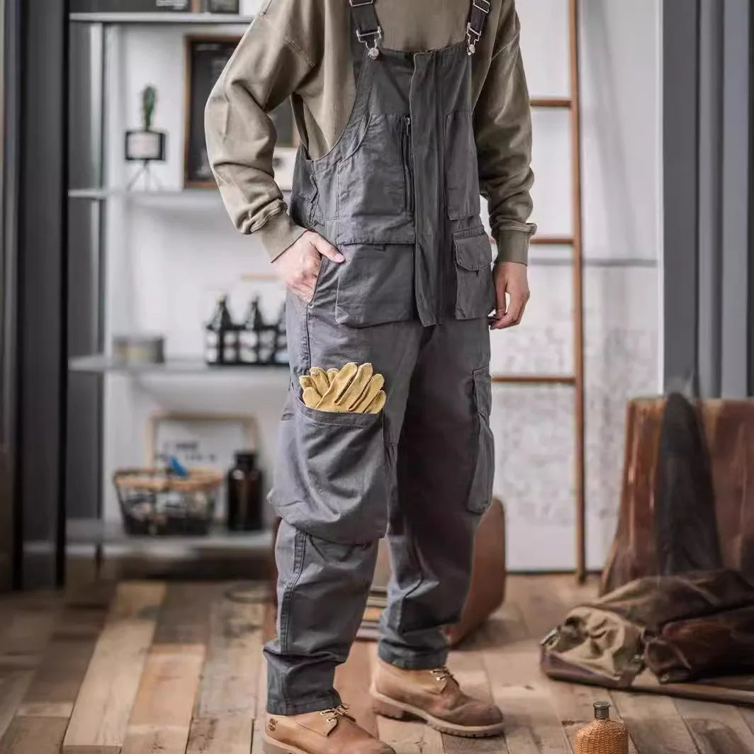 2026 Men's Retro Cotton Relaxed Fit Cargo Pants Romper Fashion Workwear Loose Jumpsuit with Pockets Male Vintage Bib Overalls