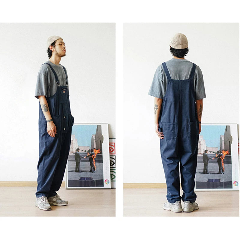 Safari Style! Multi-pocket Overalls Men's Baggy Bib Trousers Work Cargo Pants Men's Street Style Casual Overall Men