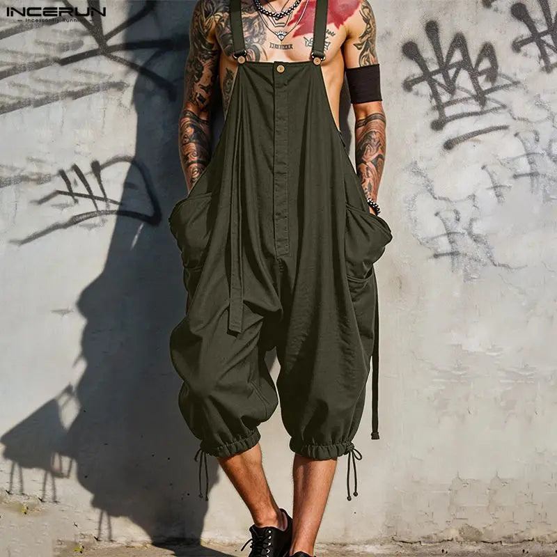 INCERUN Men's Jumpsuits Solid Suspender Straps Overalls For Man Streetwear Sleeveless Loose Fashion Casual Male Rompers Pants