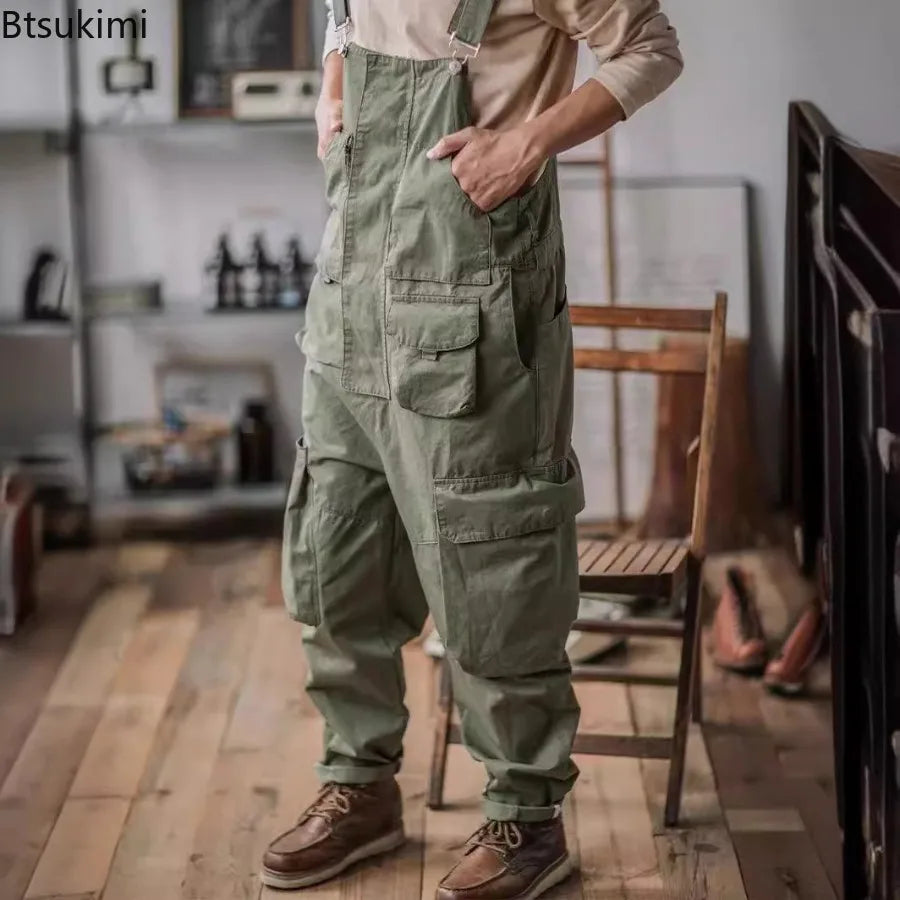 2026 Men's Retro Cotton Relaxed Fit Cargo Pants Romper Fashion Workwear Loose Jumpsuit with Pockets Male Vintage Bib Overalls