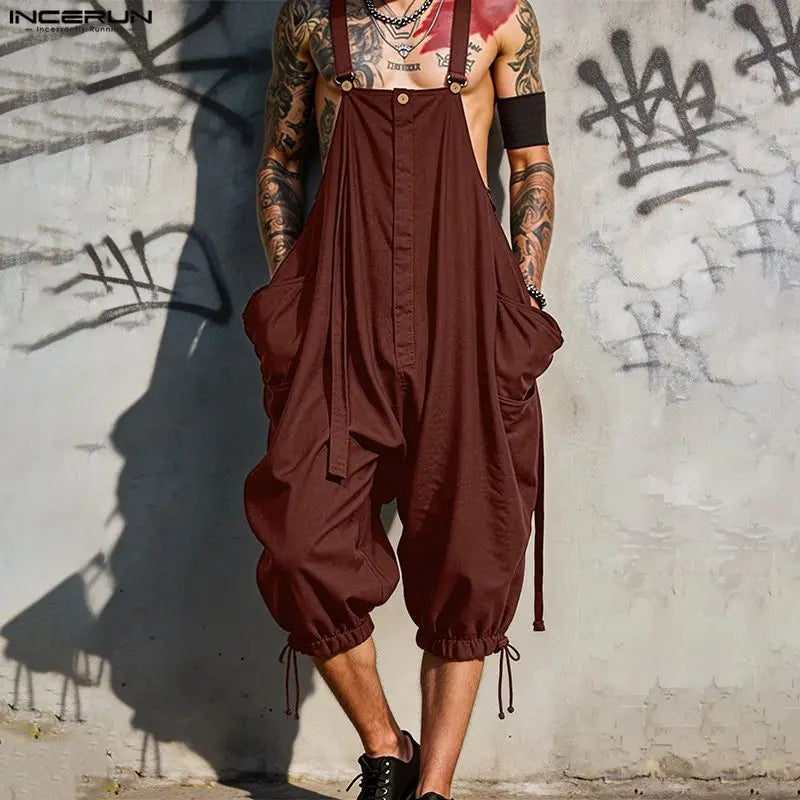 INCERUN Men's Jumpsuits Solid Suspender Straps Overalls For Man Streetwear Sleeveless Loose Fashion Casual Male Rompers Pants