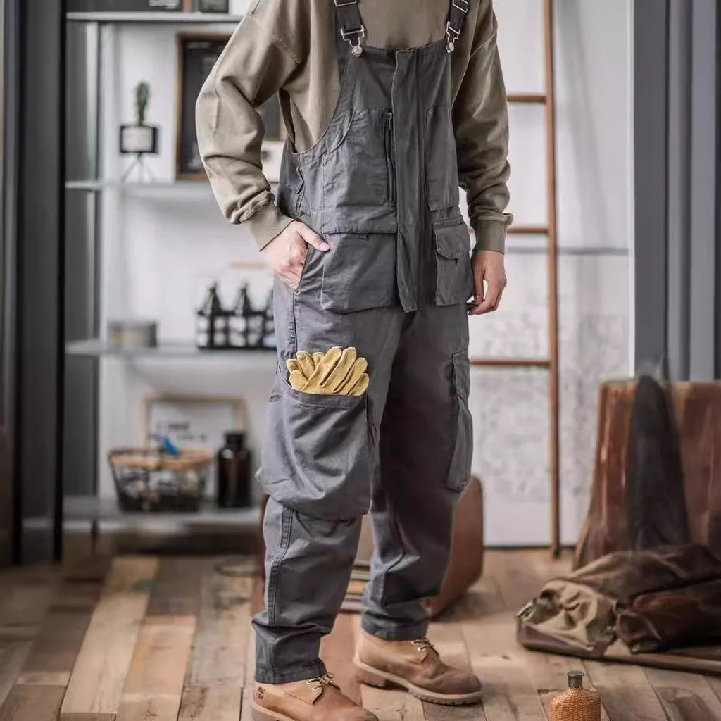 2026 Men's Retro Cotton Relaxed Fit Cargo Pants Romper Fashion Workwear Loose Jumpsuit with Pockets Male Vintage Bib Overalls
