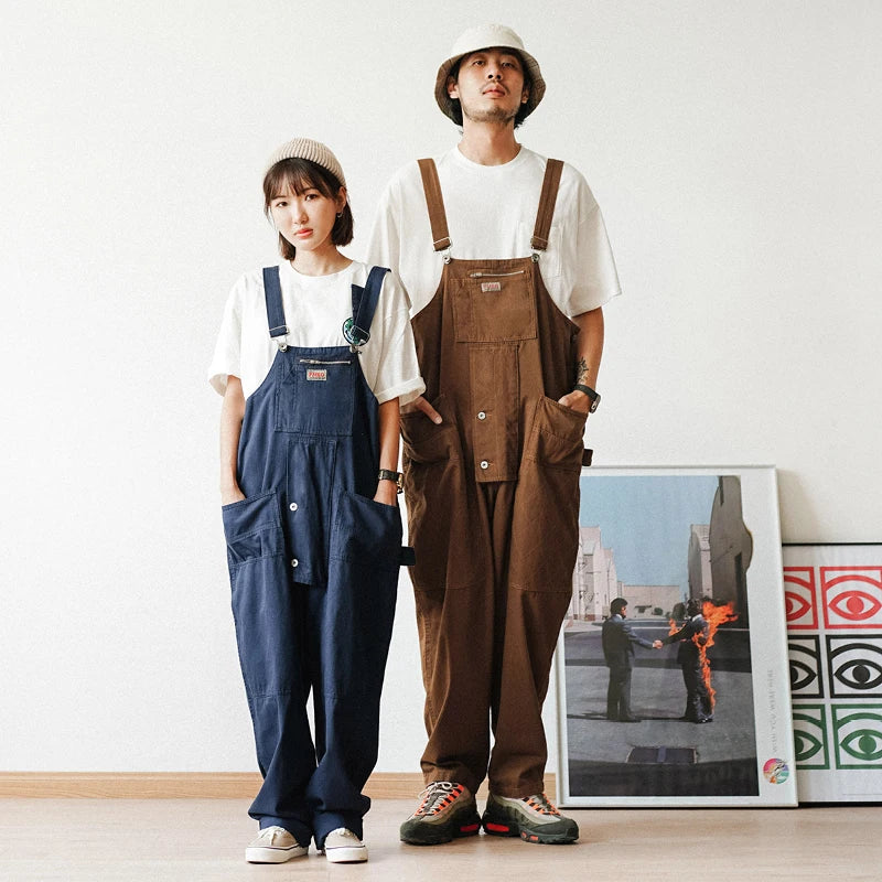 Safari Style! Multi-pocket Overalls Men's Baggy Bib Trousers Work Cargo Pants Men's Street Style Casual Overall Men