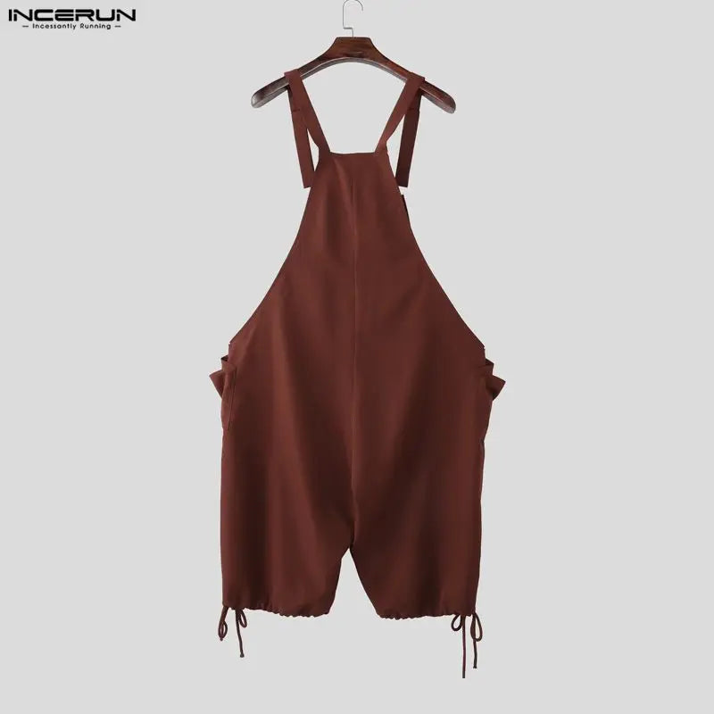 INCERUN Men's Jumpsuits Solid Suspender Straps Overalls For Man Streetwear Sleeveless Loose Fashion Casual Male Rompers Pants
