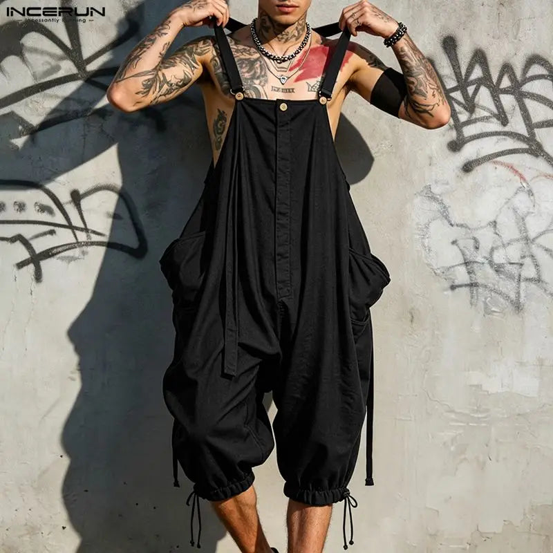 INCERUN Men's Jumpsuits Solid Suspender Straps Overalls For Man Streetwear Sleeveless Loose Fashion Casual Male Rompers Pants