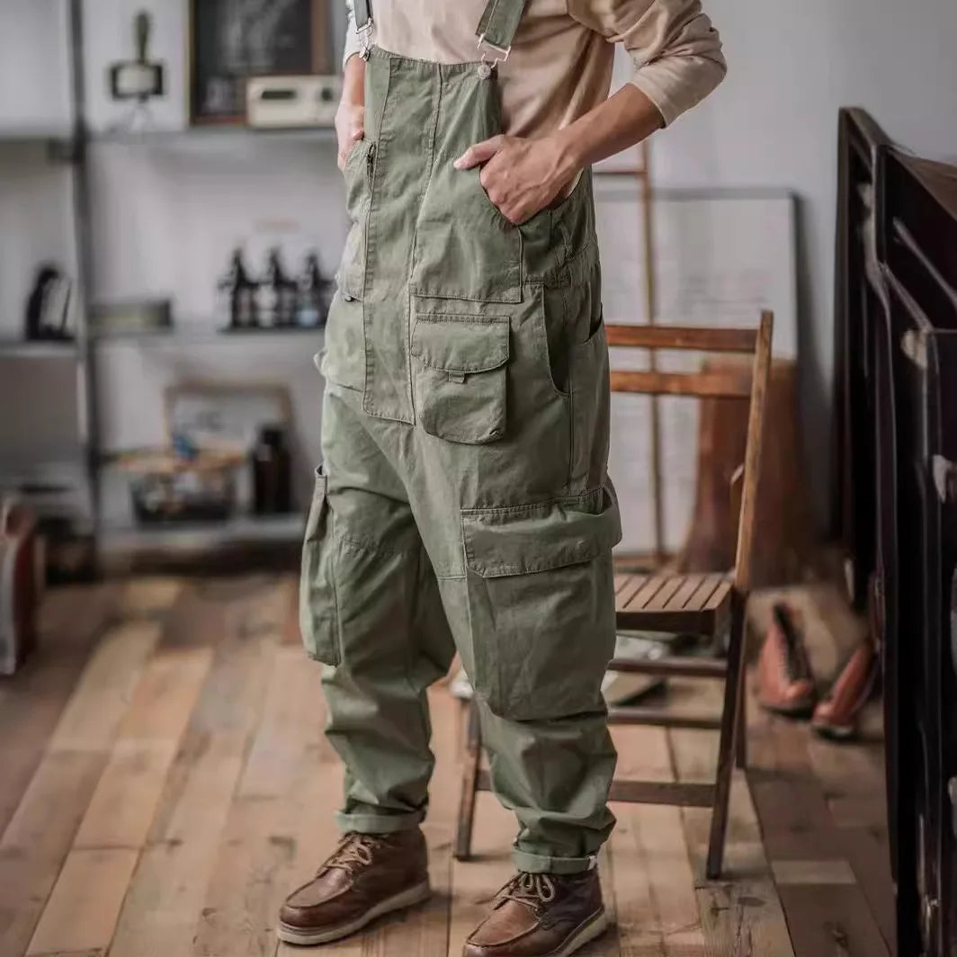 2026 Men's Retro Cotton Relaxed Fit Cargo Pants Romper Fashion Workwear Loose Jumpsuit with Pockets Male Vintage Bib Overalls