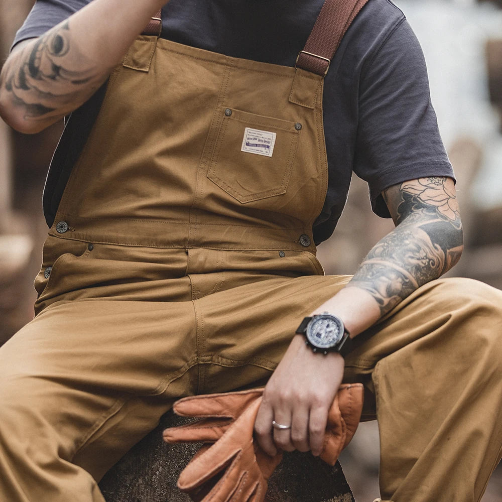 Maden Vintage Khaki Vintage Strap Pants Amekaji One Piece Pocket Straight Tube Sling Pants Men's Fashion