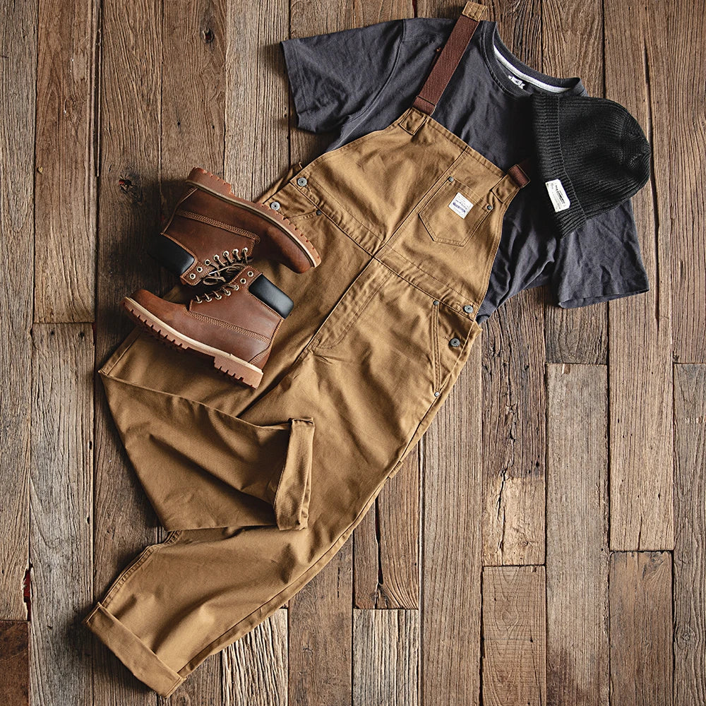 Maden Vintage Khaki Vintage Strap Pants Amekaji One Piece Pocket Straight Tube Sling Pants Men's Fashion