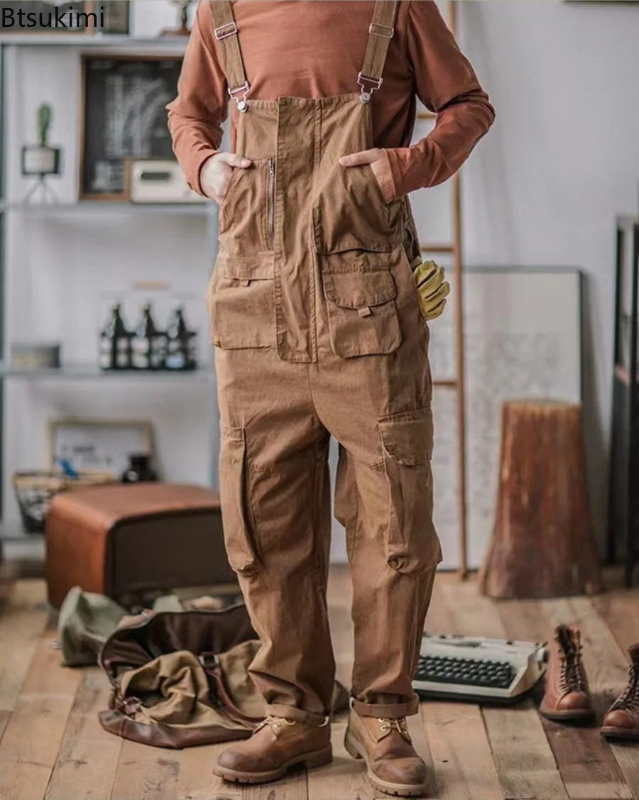 2026 Men's Retro Cotton Relaxed Fit Cargo Pants Romper Fashion Workwear Loose Jumpsuit with Pockets Male Vintage Bib Overalls