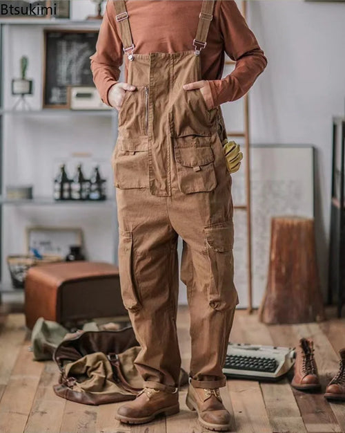 2026 Men's Retro Cotton Relaxed Fit Cargo Pants Romper Fashion Workwear Loose Jumpsuit with Pockets Male Vintage Bib Overalls