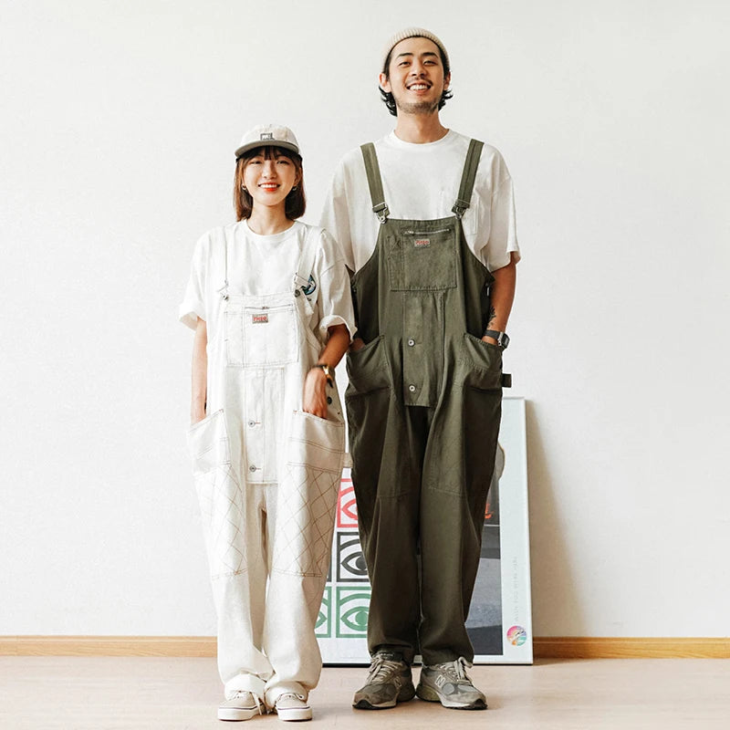 Safari Style! Multi-pocket Overalls Men's Baggy Bib Trousers Work Cargo Pants Men's Street Style Casual Overall Men