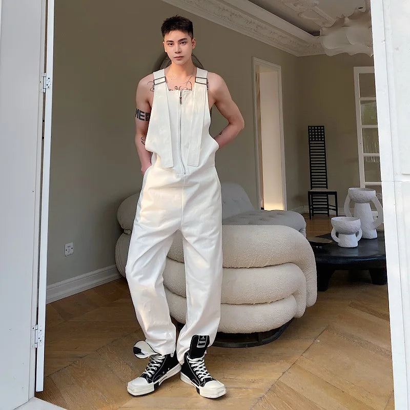 Men's Loose Casual Overalls Pants Men Korean Japan Korean Streetwear Fashion Black White Bib Pant Male Cargo Jumpsuit Trousers