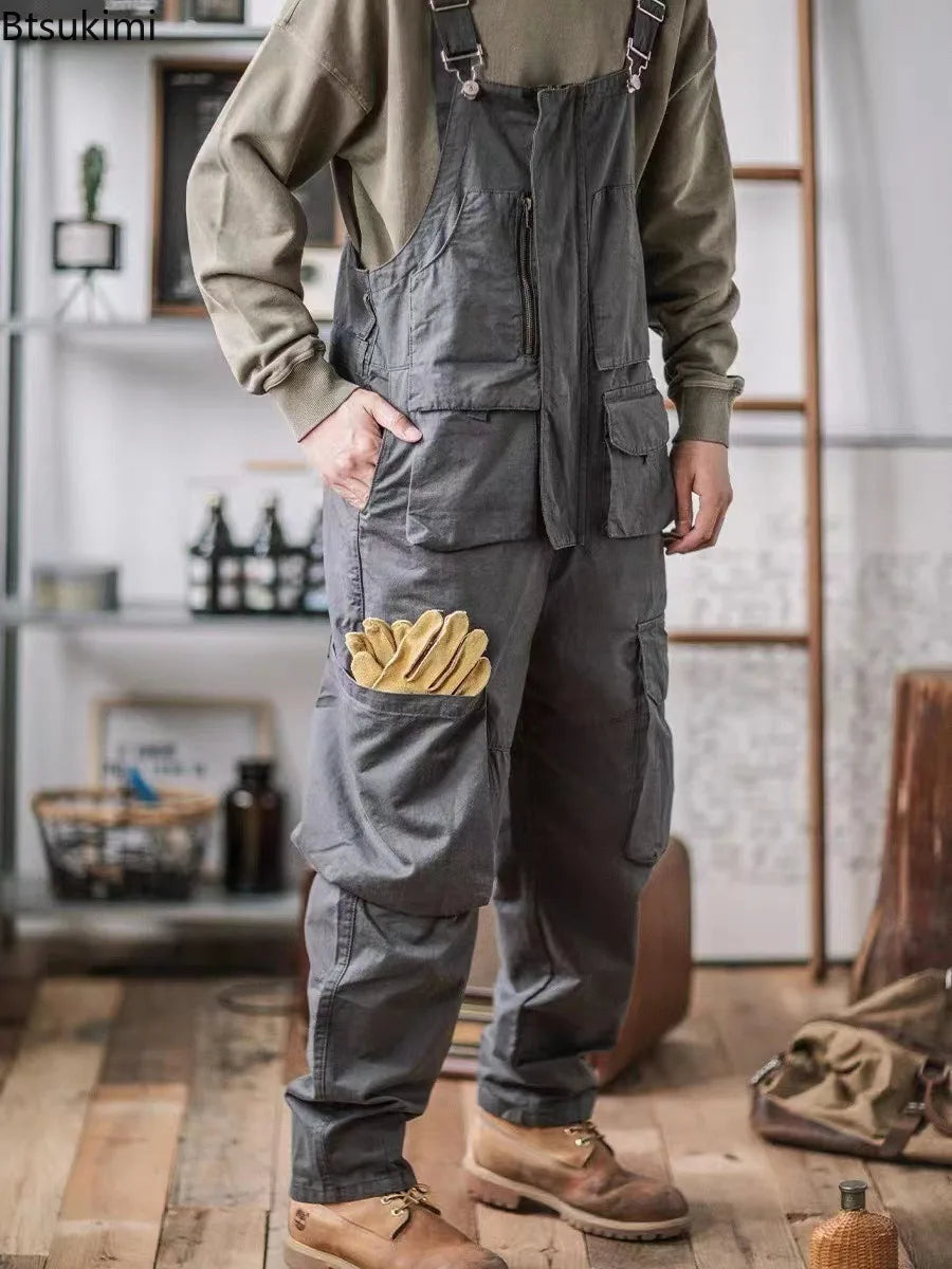 2026 Men's Retro Cotton Relaxed Fit Cargo Pants Romper Fashion Workwear Loose Jumpsuit with Pockets Male Vintage Bib Overalls